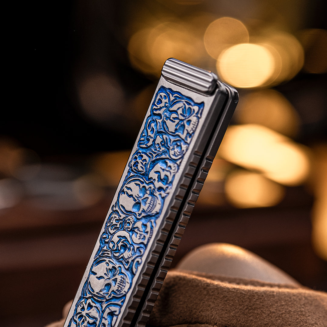 Skull Engraved Titanium Folding Saw